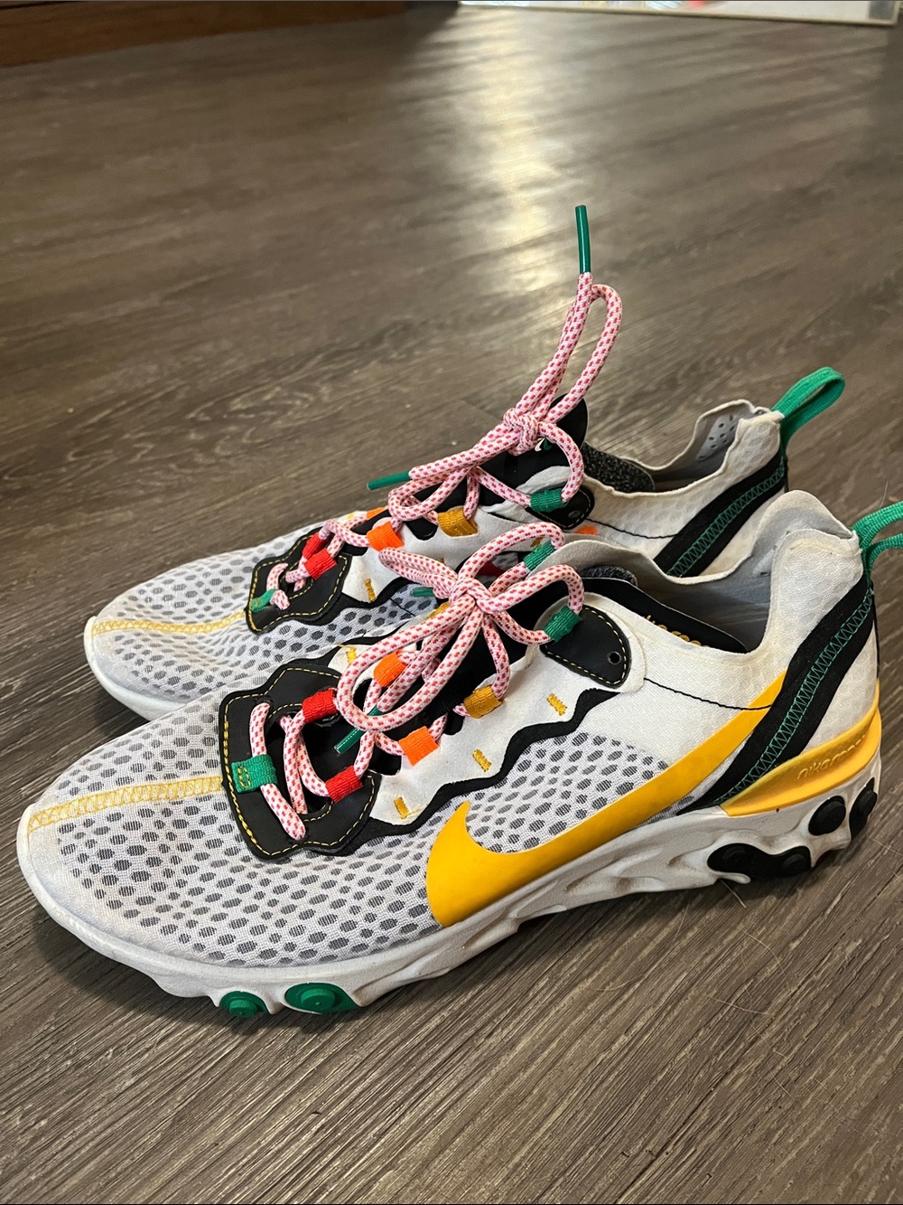 Nike White Yellow React Sneakers with Pink Laces